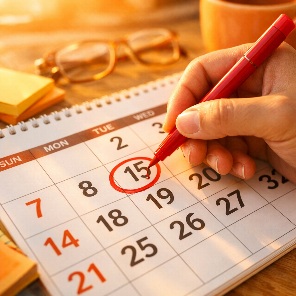 photographic close up image of a person marking their calendar in bright warm tones
