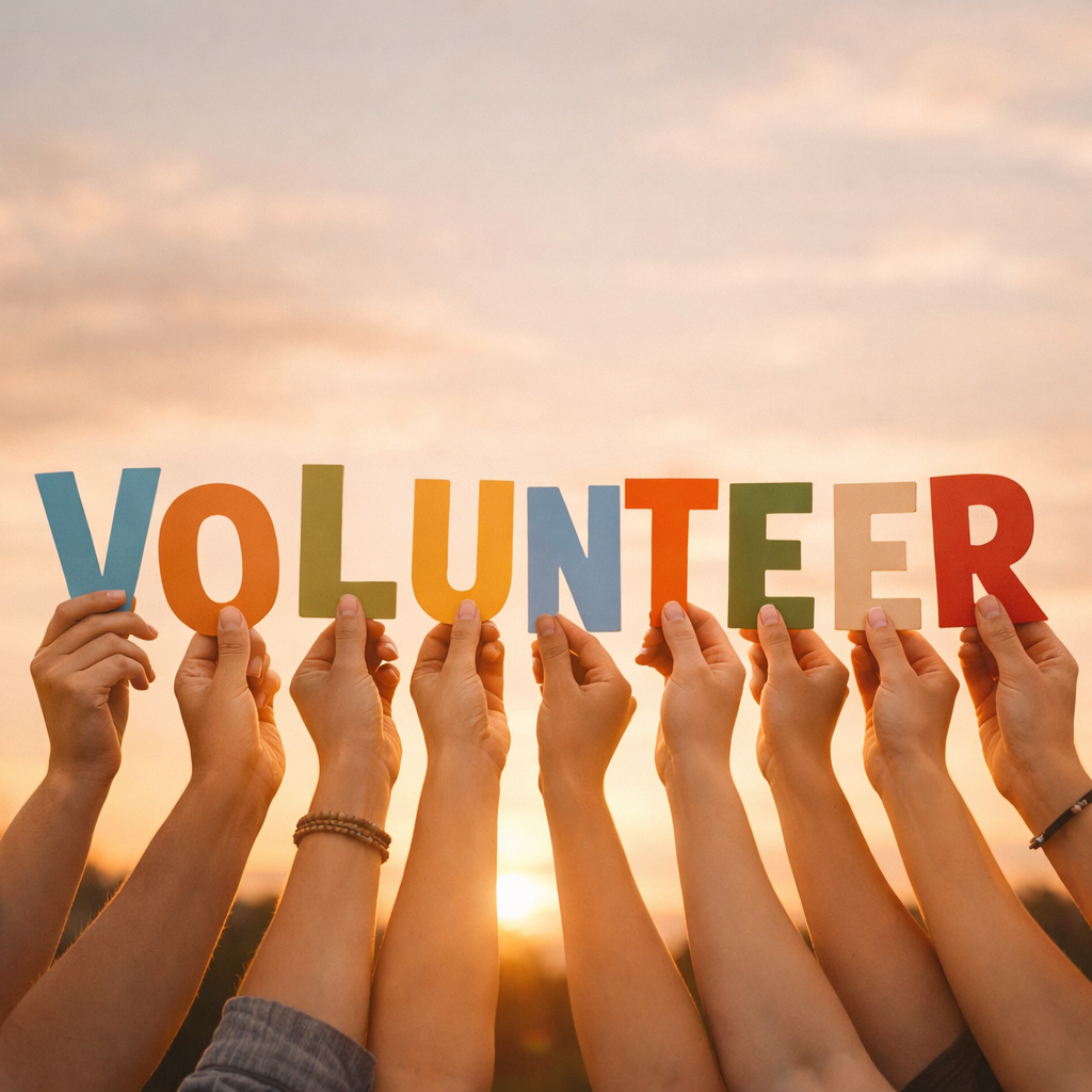 photographic a bunch of hands holding up letters to spell the word volunteer in gentle warm tones-1